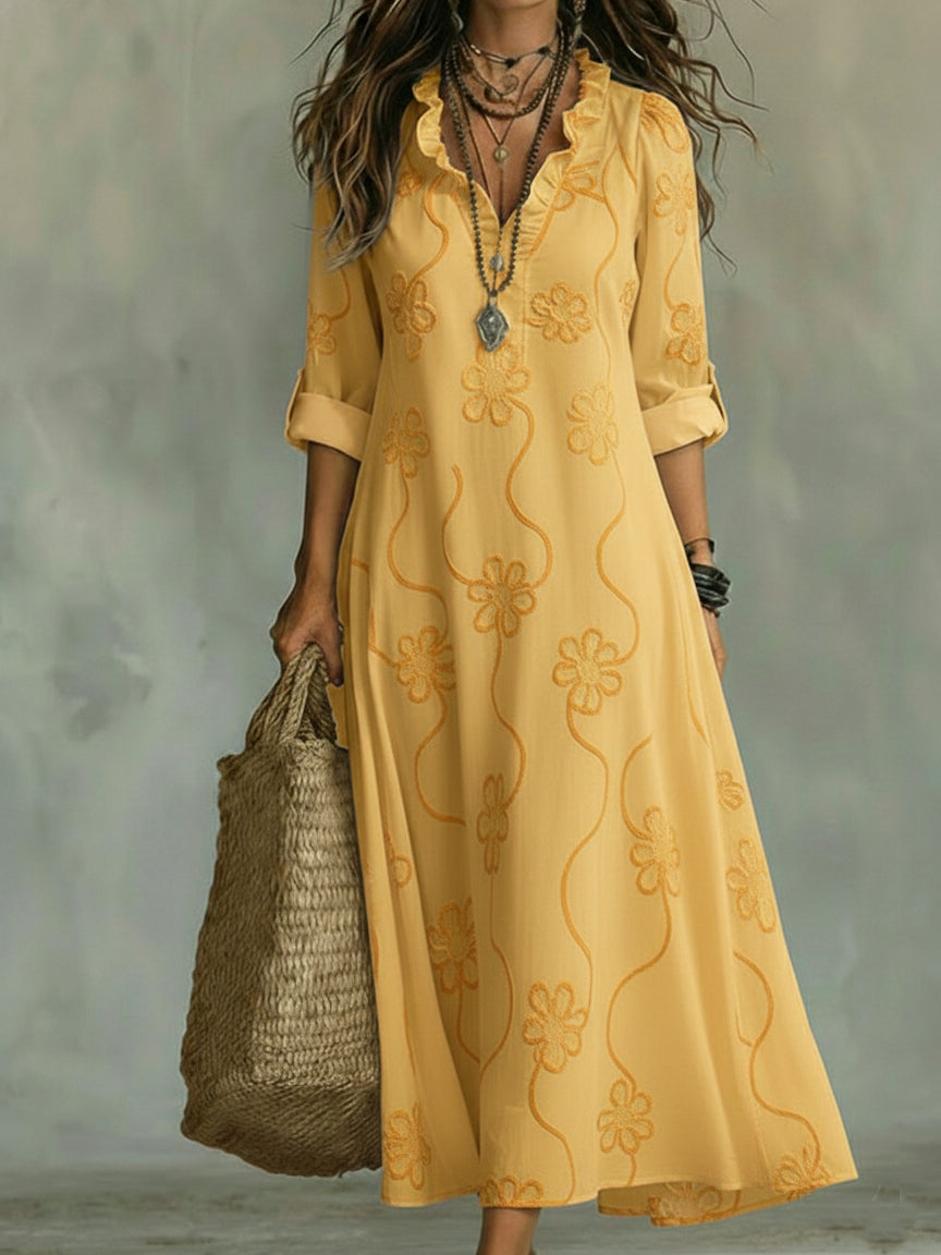 Kallie - Besticktes Maxikleid mit V-Ausschnitt in lässiger Passform