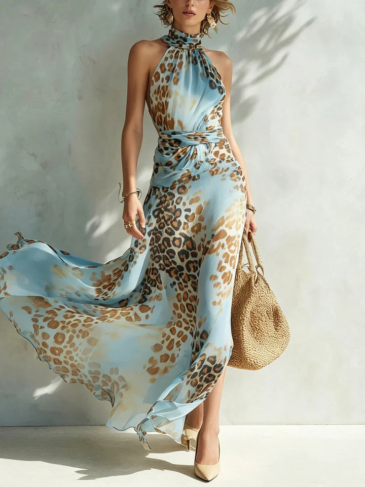 Eloria - Transparentes Maxikleid mit Neckholder und Leopard-Print
