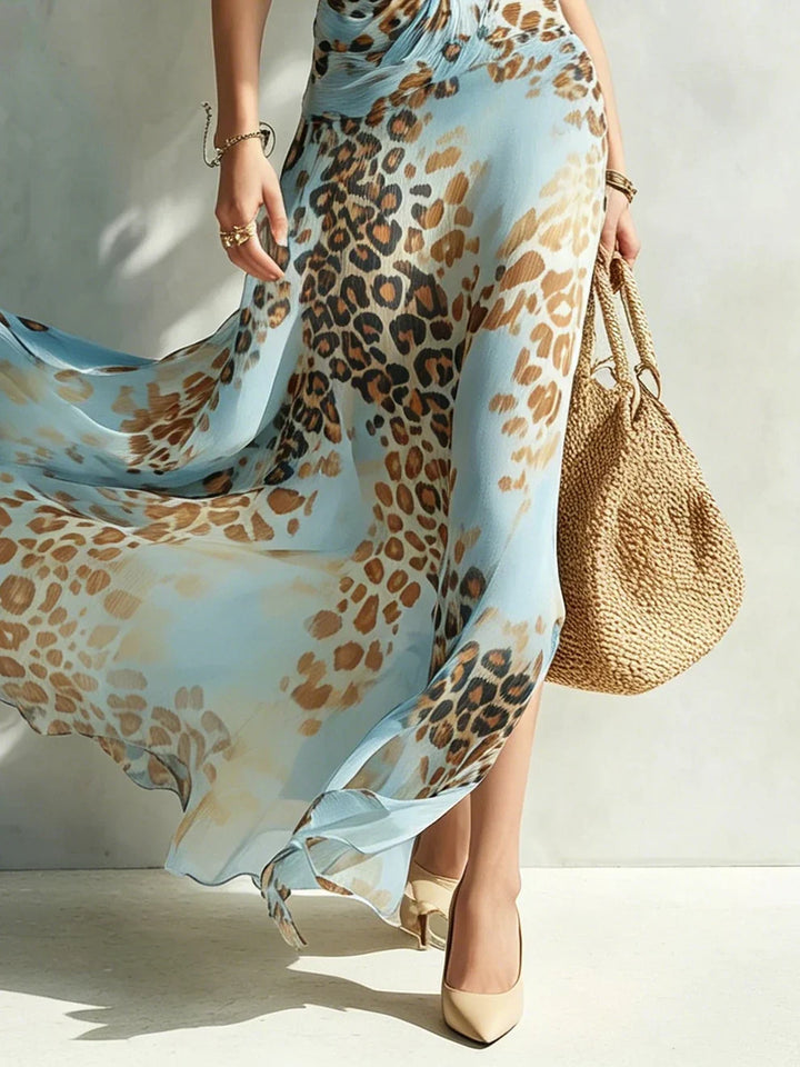 Eloria - Transparentes Maxikleid mit Neckholder und Leopard-Print