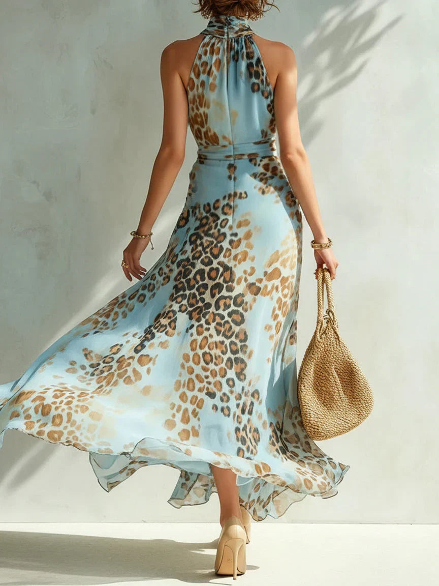 Eloria - Transparentes Maxikleid mit Neckholder und Leopard-Print