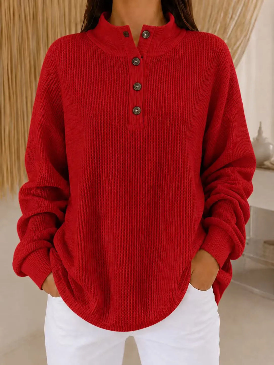 Belliora - Strukturstrick-Pullover mit Knopfleiste am Kragen