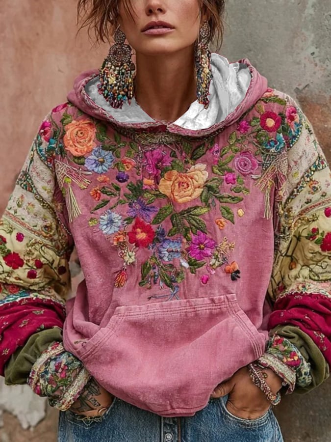 Norellia - Boho-Kapuzenpullover mit floraler Stickerei