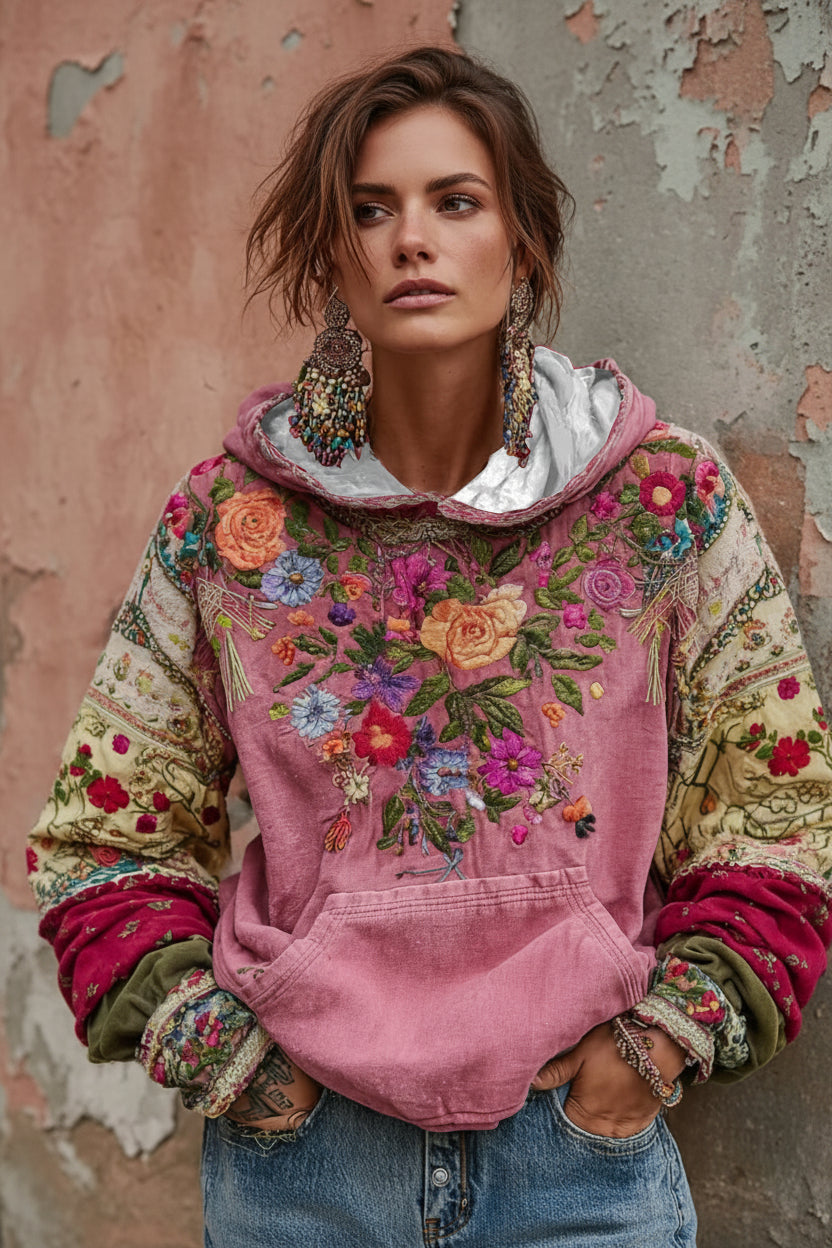 Mirevessa - Kapuzenpullover mit floralem Stickereinsatz und Soft-Touch-Finish