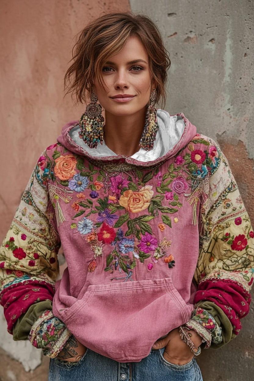 Norellia - Boho-Kapuzenpullover mit floraler Stickerei