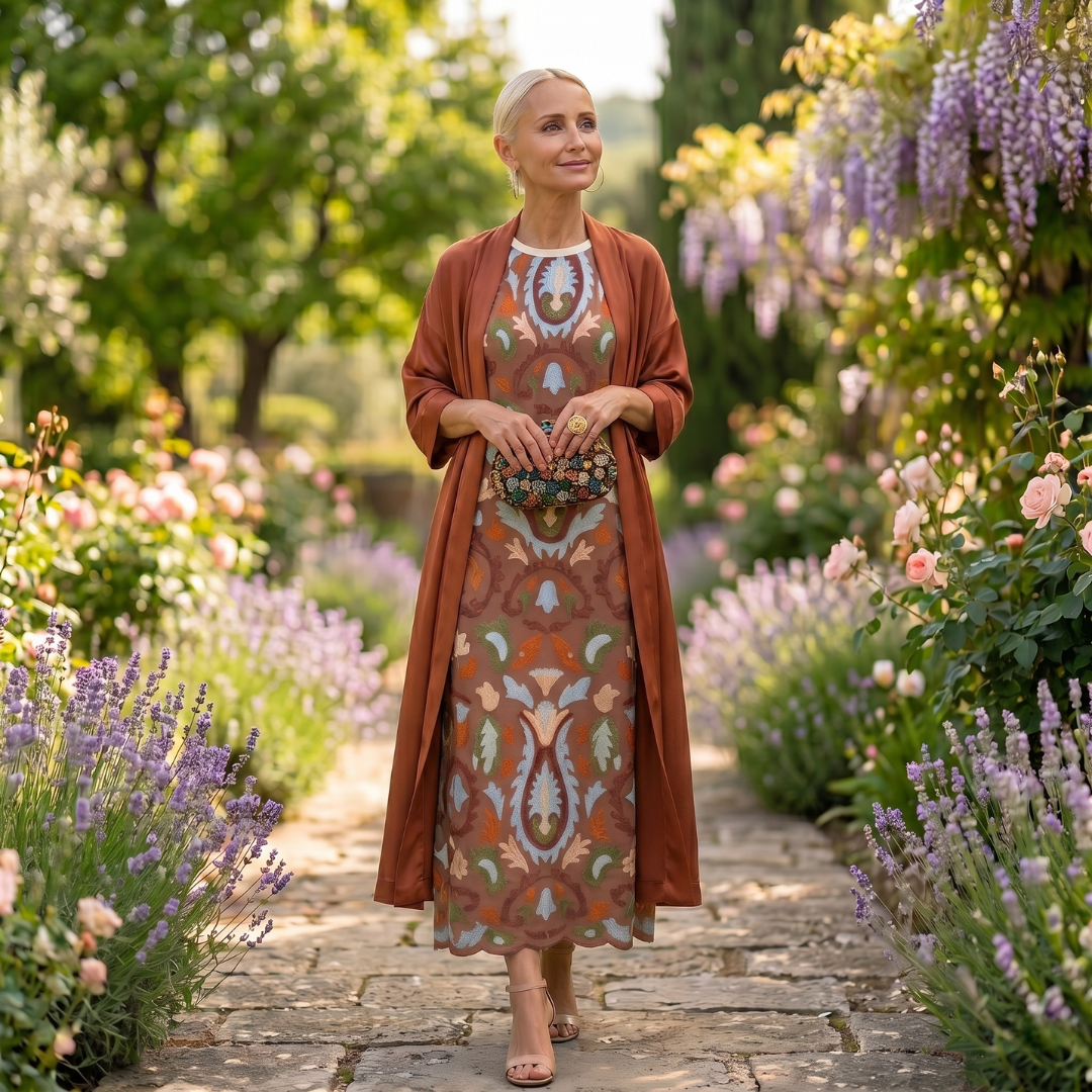 Lilith - Set aus bedrucktem Midikleid und langem Cardigan