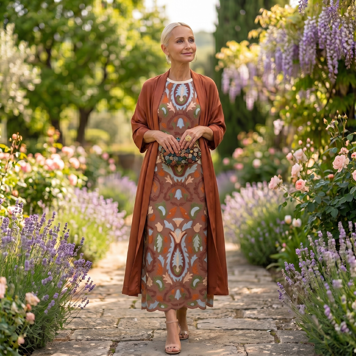 Lilith - Set aus bedrucktem Midikleid und langem Cardigan