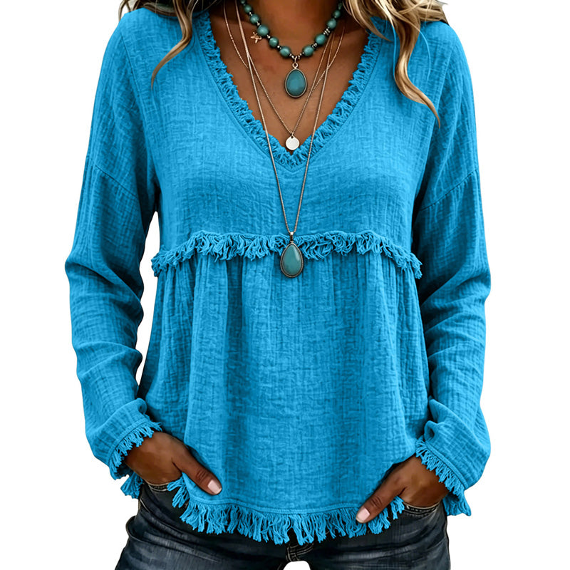 Ariselle - V-Ausschnitt-Bluse mit Fransenbesatz