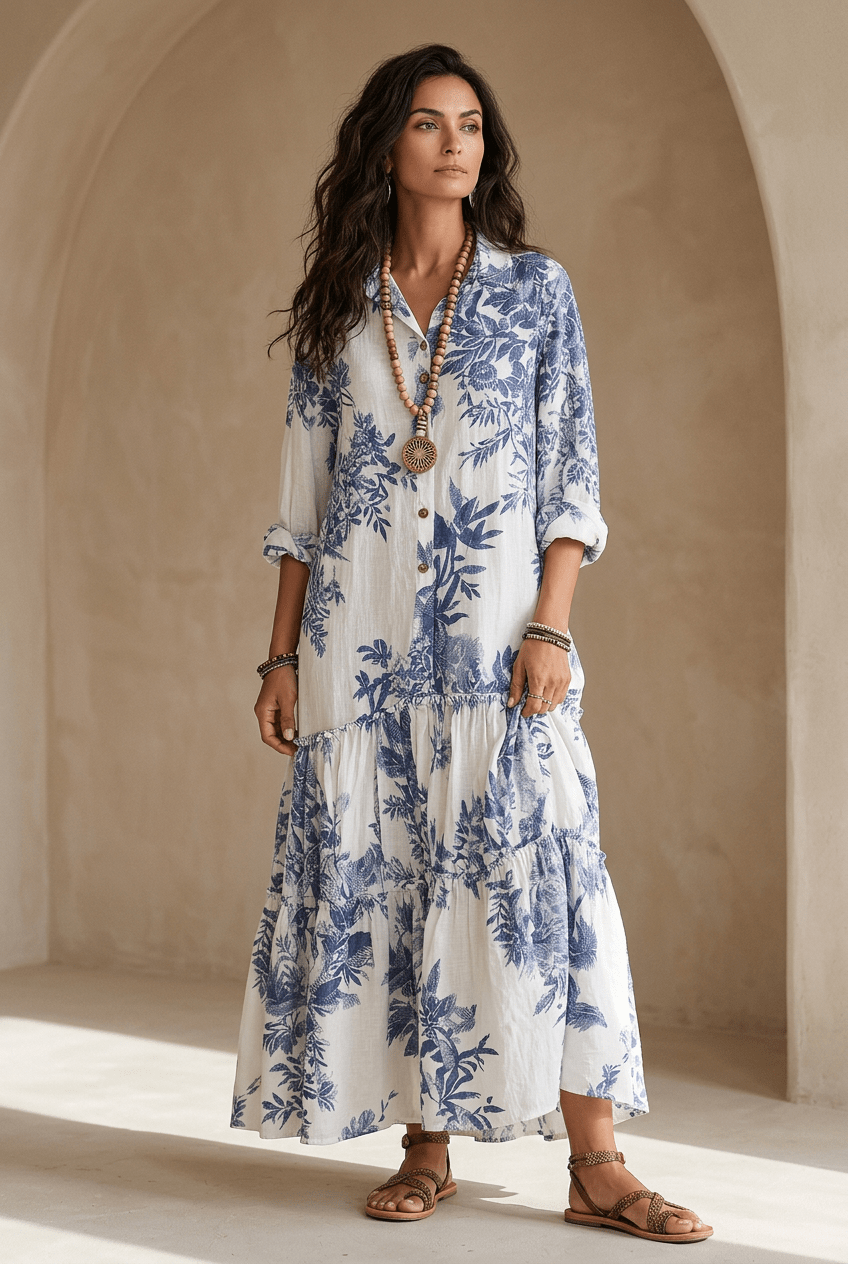 Thealise - Leichtes Maxikleid mit durchgehender Knopfleiste und Floralprint