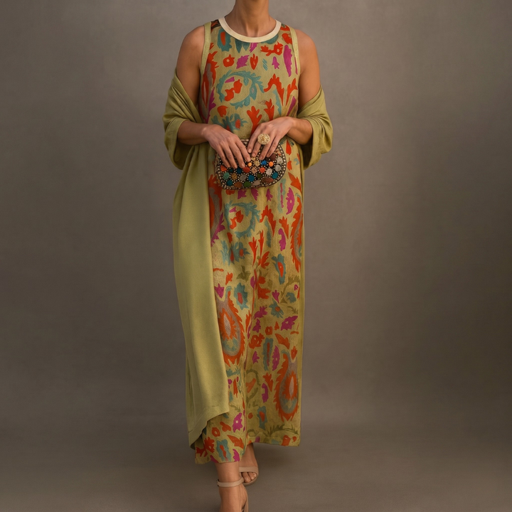 Lilith - Set aus bedrucktem Midikleid und langem Cardigan