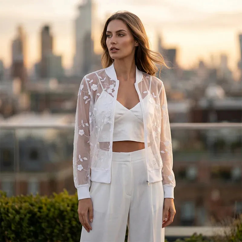 Aderisse - Transparenter floraler Cardigan mit Reißverschluss