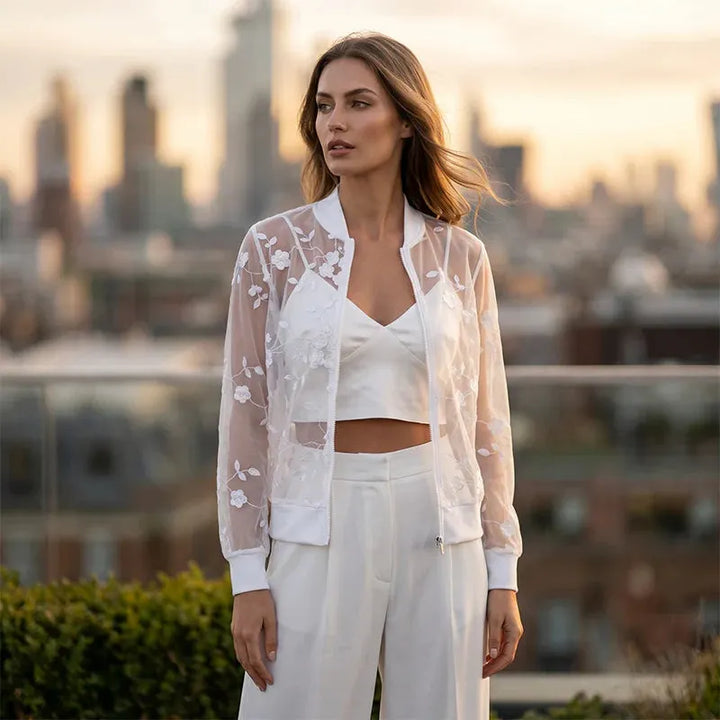 Aderisse - Transparenter floraler Cardigan mit Reißverschluss