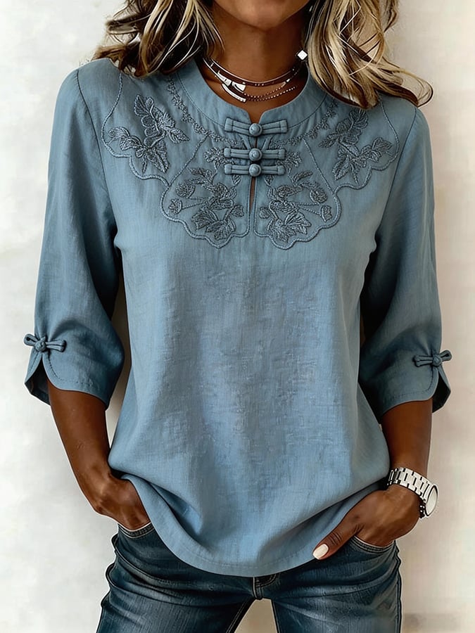 Cressida - Bestickte Bluse mit Mandarin-Kragen