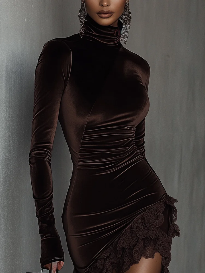 Arcelisse - Rollkragen-Minikleid aus Samt und Spitze