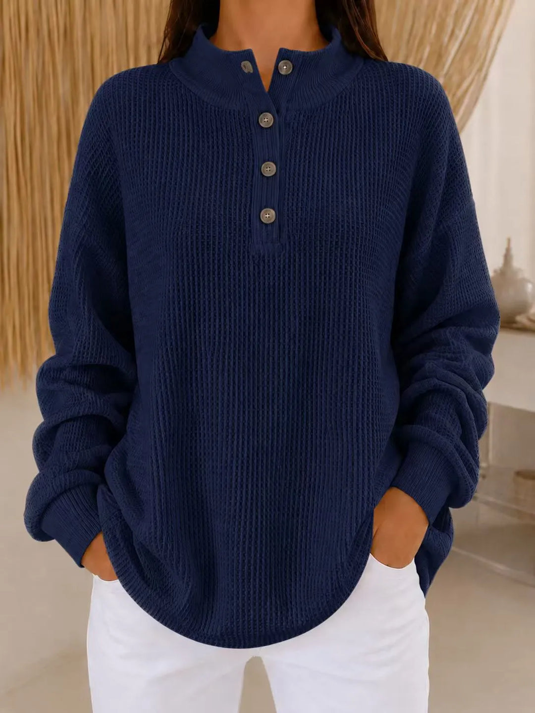 Belliora - Strukturstrick-Pullover mit Knopfleiste am Kragen