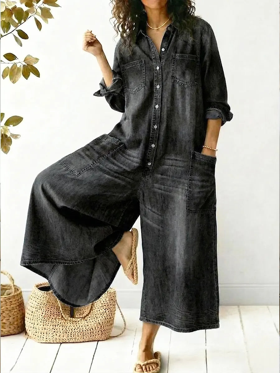 Aminta - weitbeiniger Denim-Jumpsuit