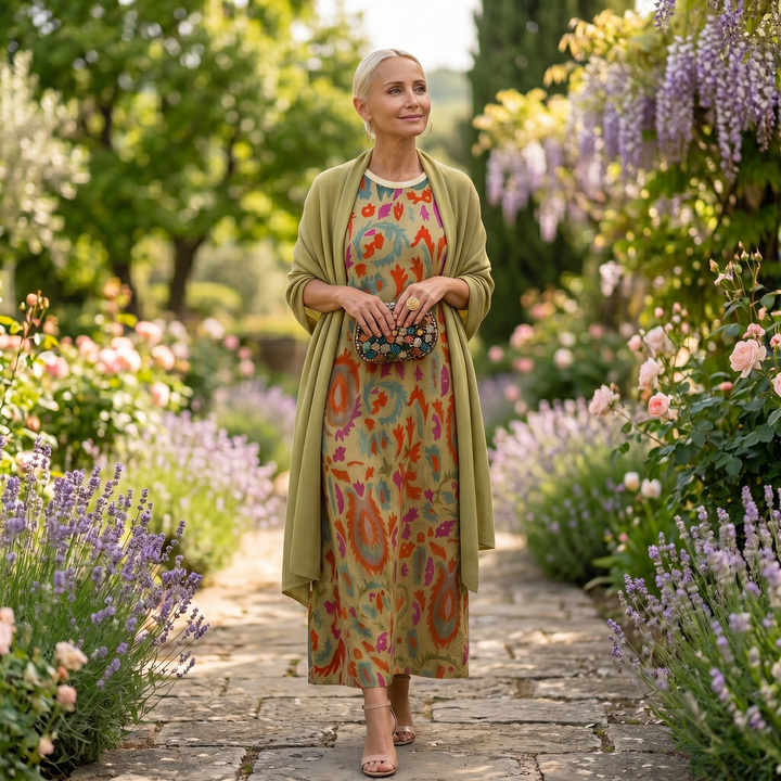 Lilith - Set aus bedrucktem Midikleid und langem Cardigan