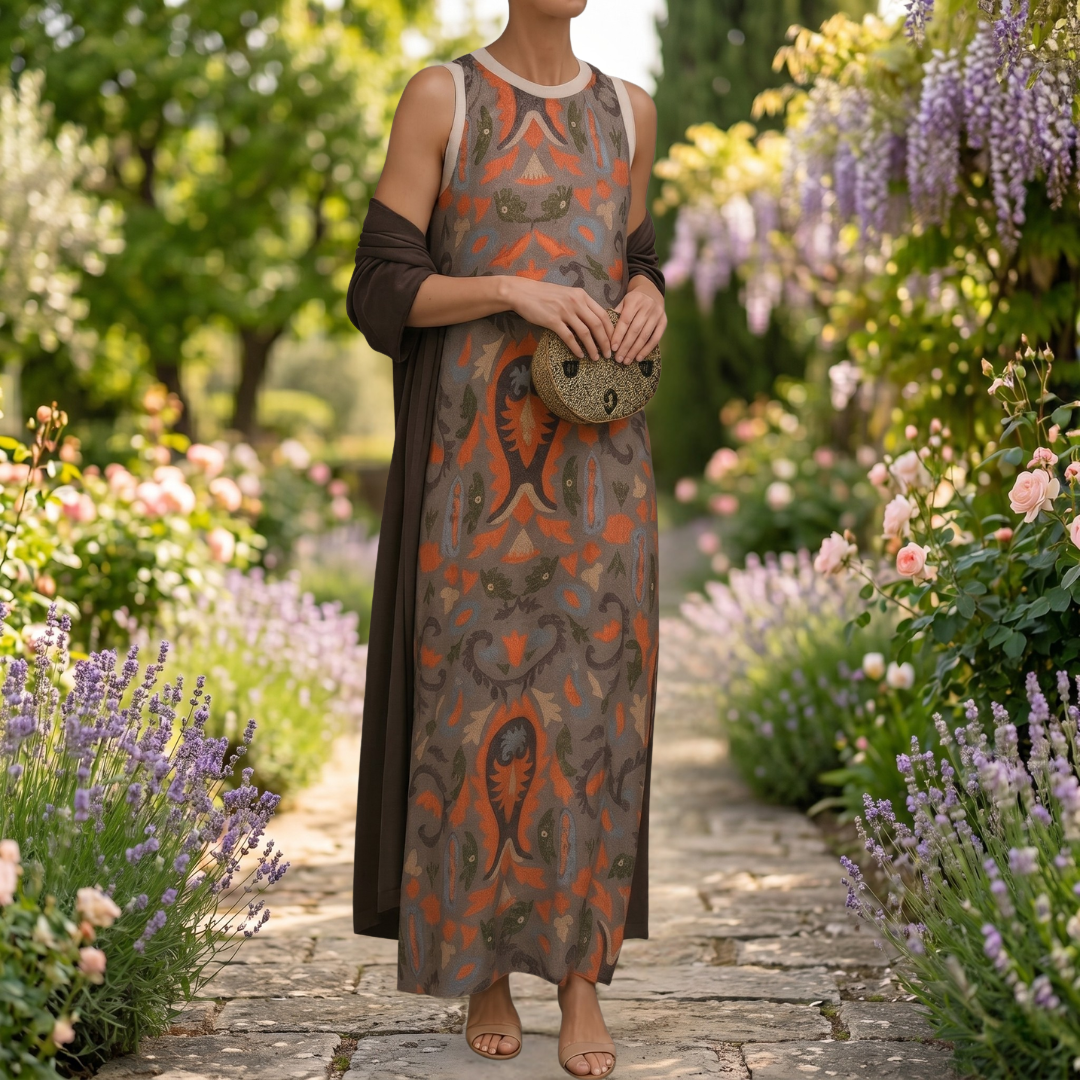 Lilith - Set aus bedrucktem Midikleid und langem Cardigan