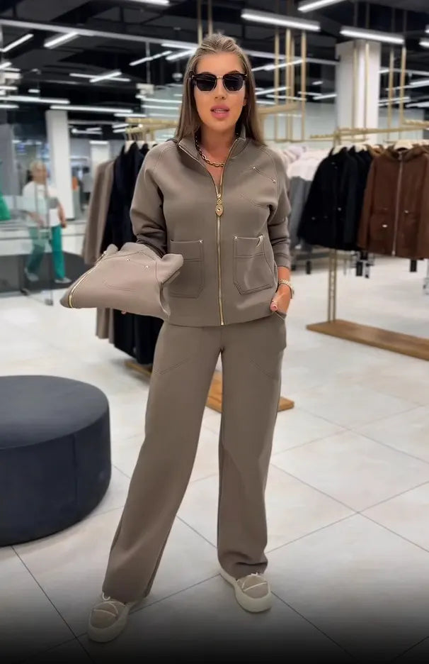 Floranique - Weiches Set aus verkürzter Jacke mit Reißverschluss und weit geschnittener Hose