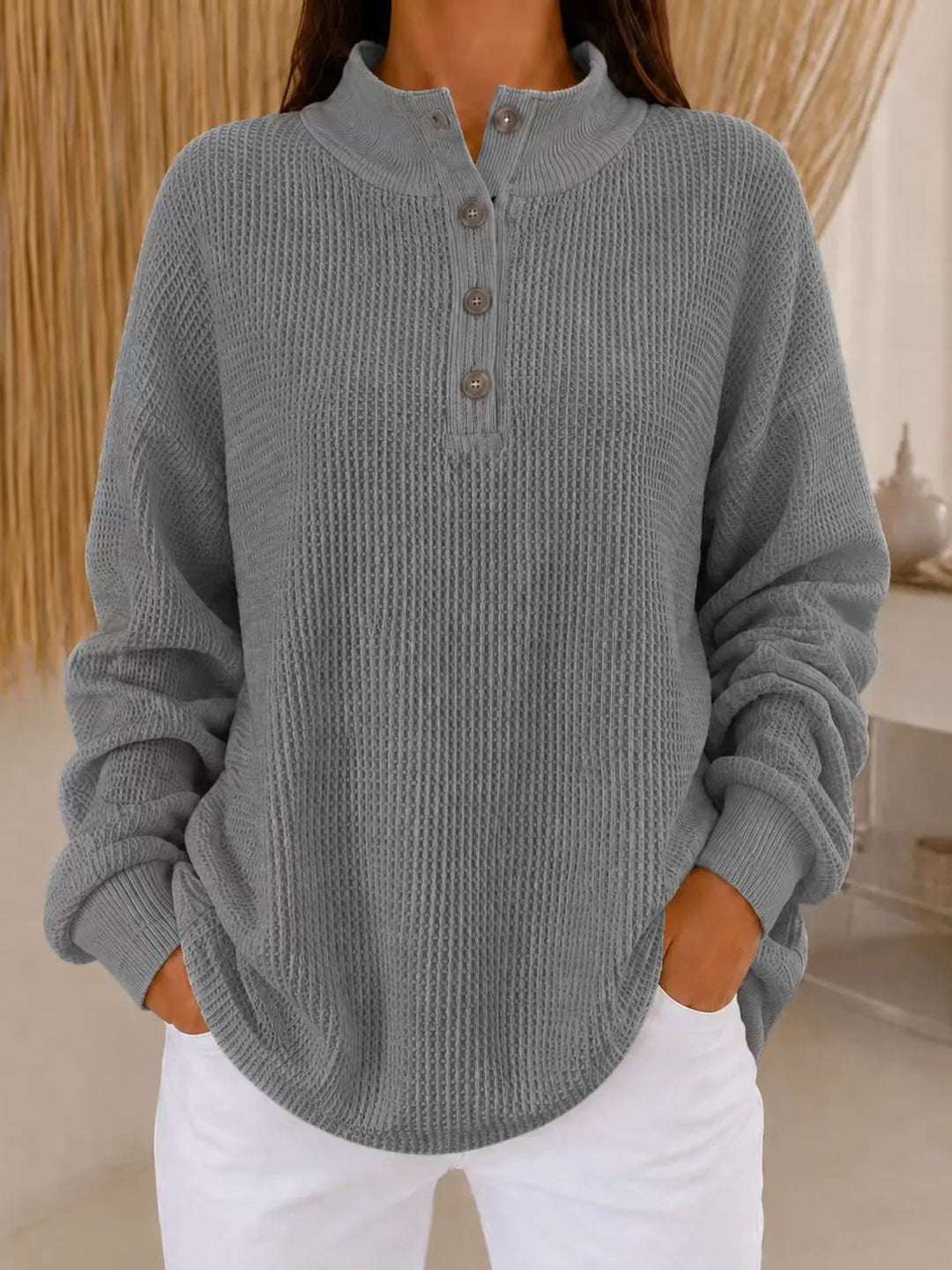 Belliora - Strukturstrick-Pullover mit Knopfleiste am Kragen