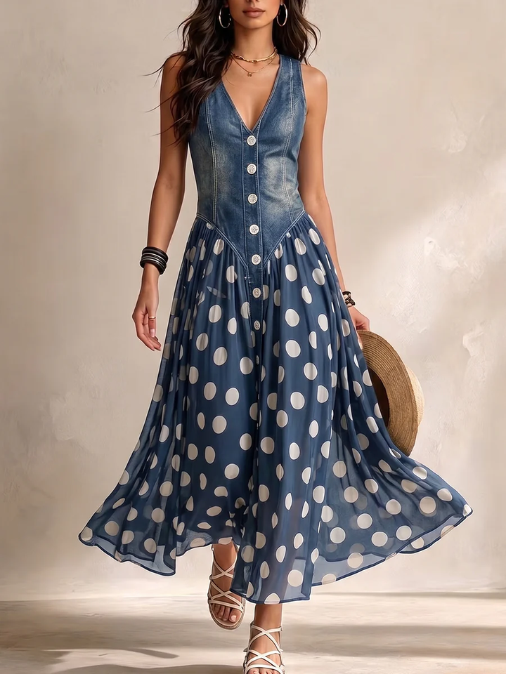 Ameliora - Materialmix-Kleid mit Polka-Dots
