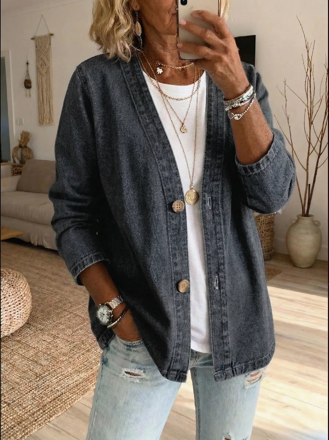 Shiloh - Leichte Denim-Button-Strickjacke