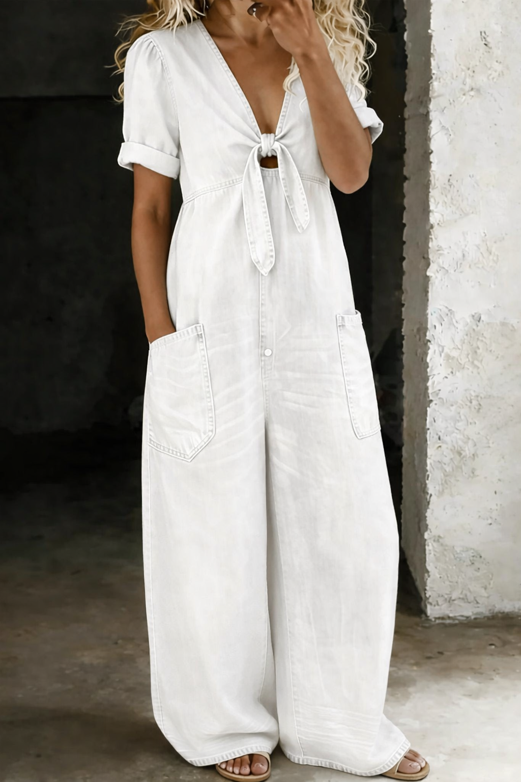 Faelina - Denim-Jumpsuit mit Bindegürtel und weitem Bein