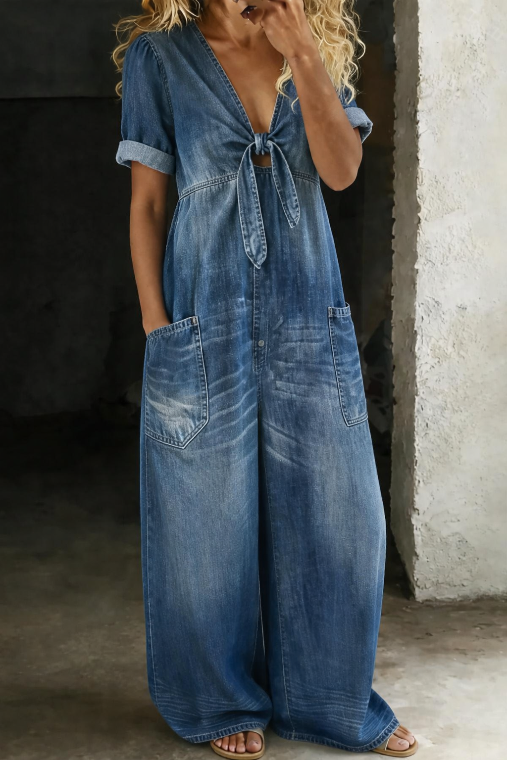Faelina - Denim-Jumpsuit mit Bindegürtel und weitem Bein