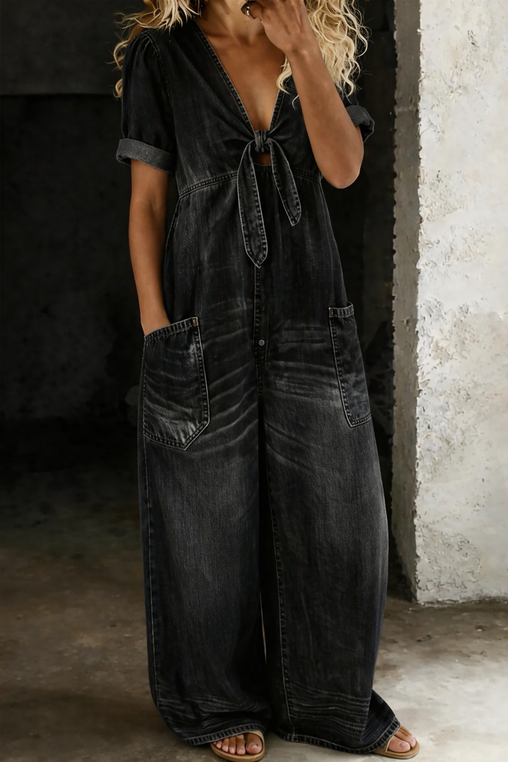 Faelina - Denim-Jumpsuit mit Bindegürtel und weitem Bein