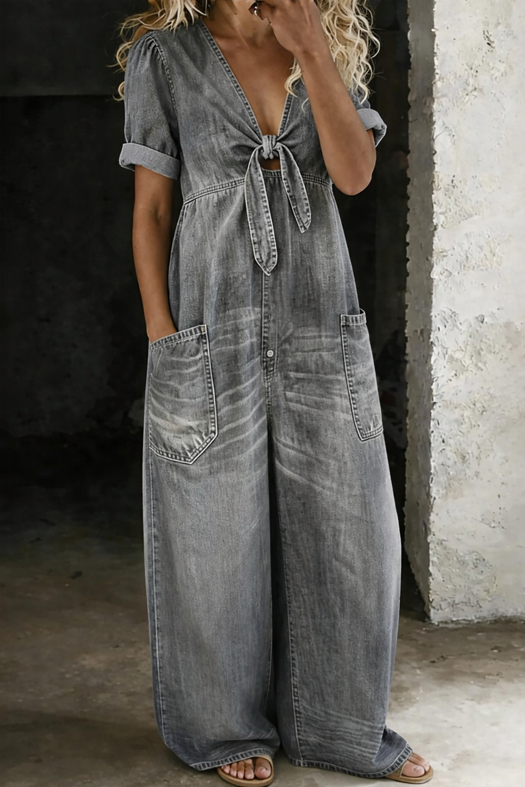Faelina - Denim-Jumpsuit mit Bindegürtel und weitem Bein
