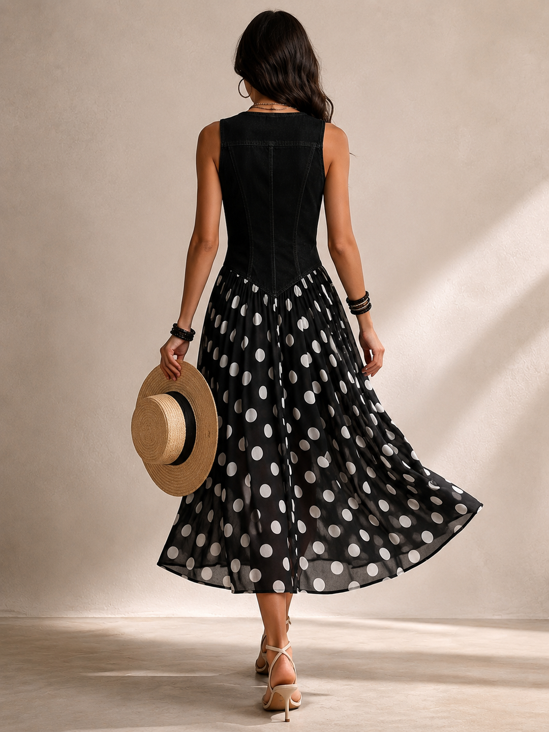 Ameliora - Materialmix-Kleid mit Polka-Dots