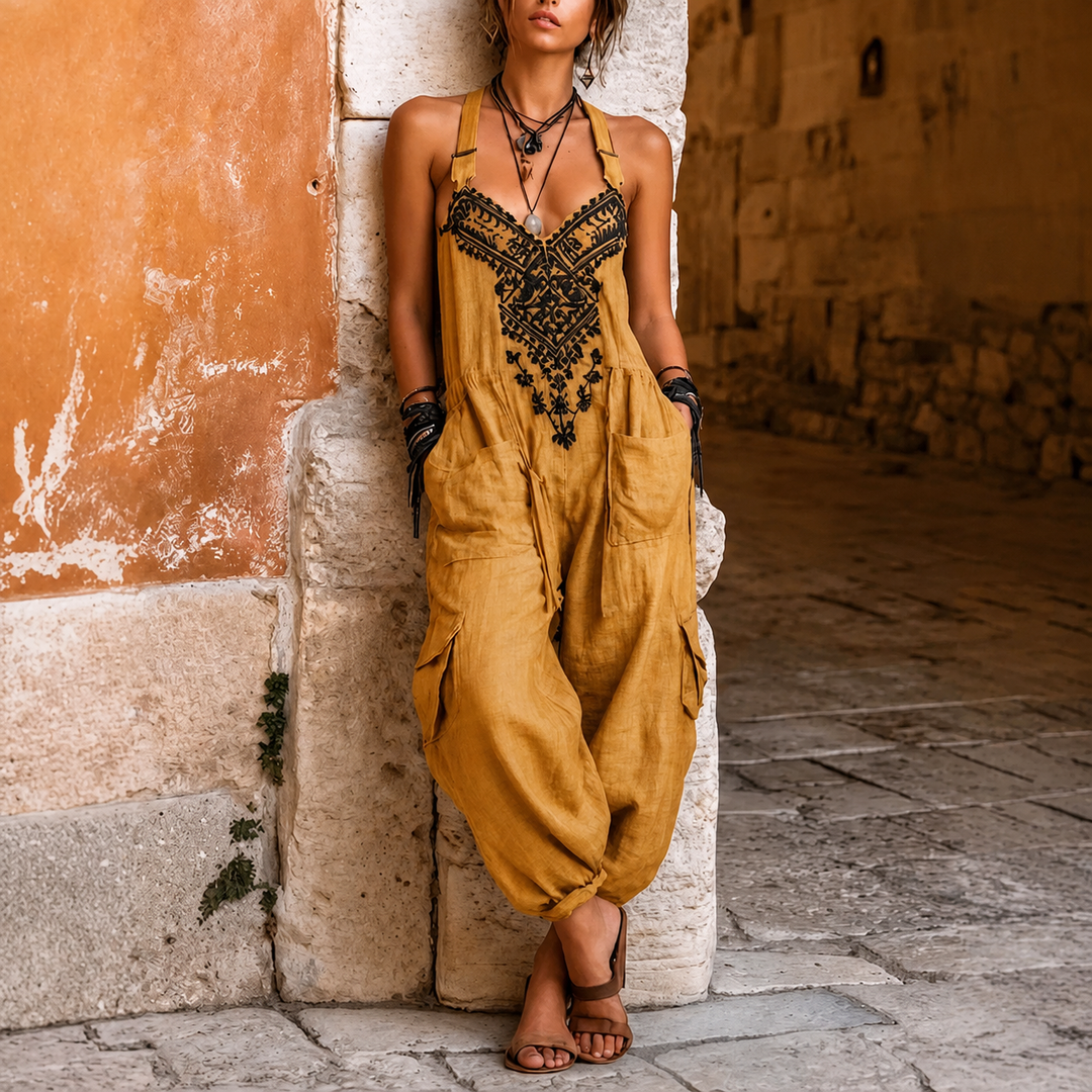 Solara - luftiger bestickter Jumpsuit