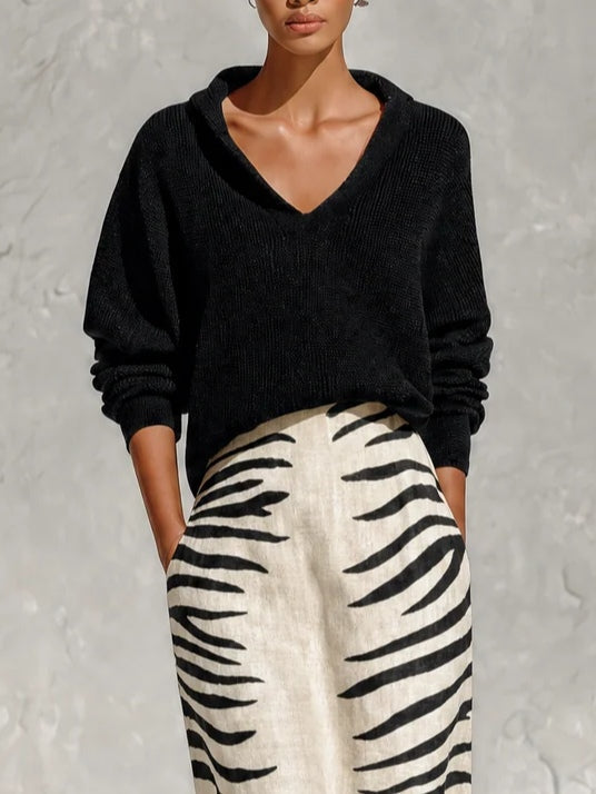 Aelyra - Strickpullover mit Soft-Touch & Leinen-Midirock mit Zebramuster
