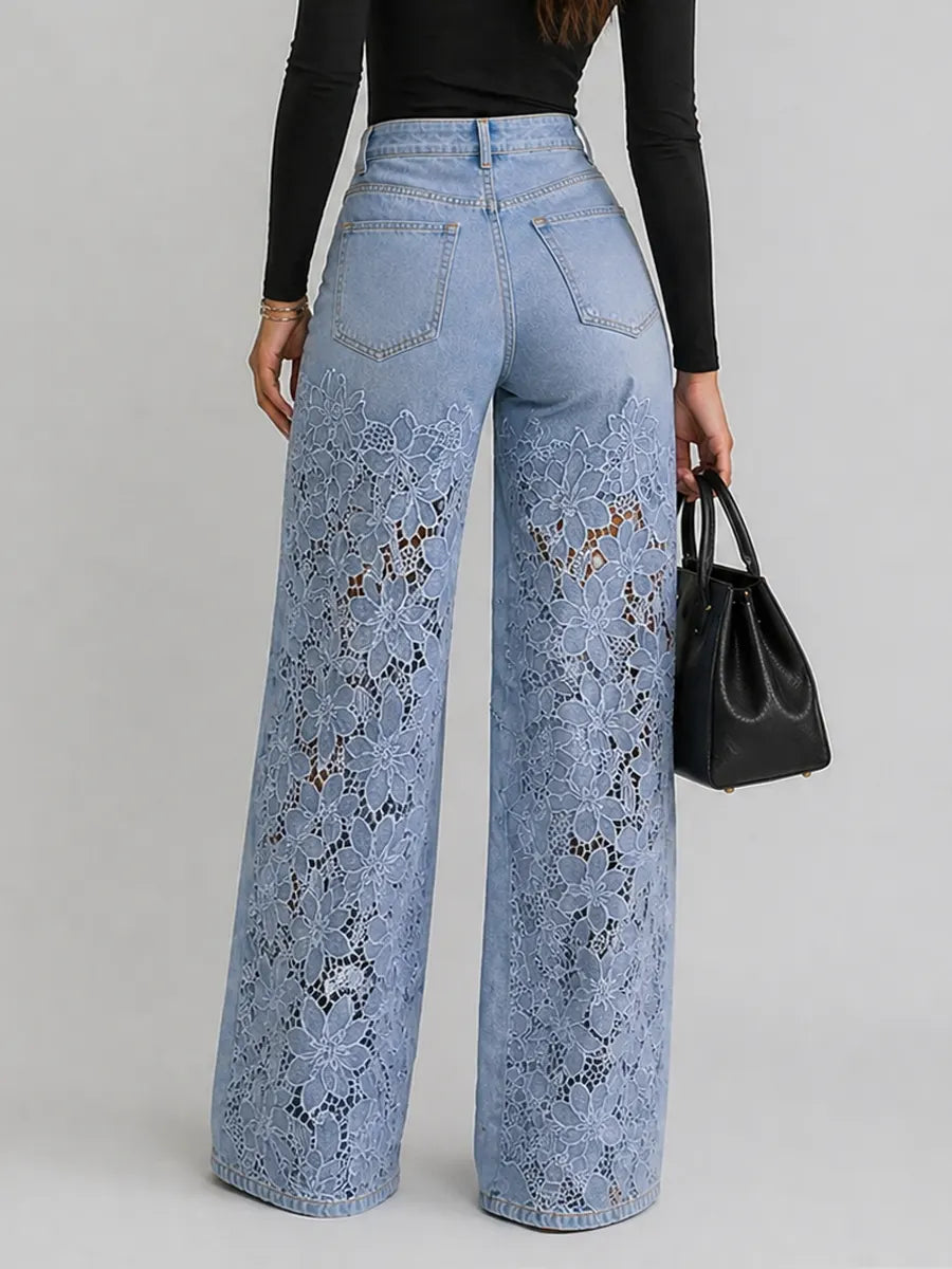 Kaliora - Wide-Leg-Jeans mit floraler Spitze