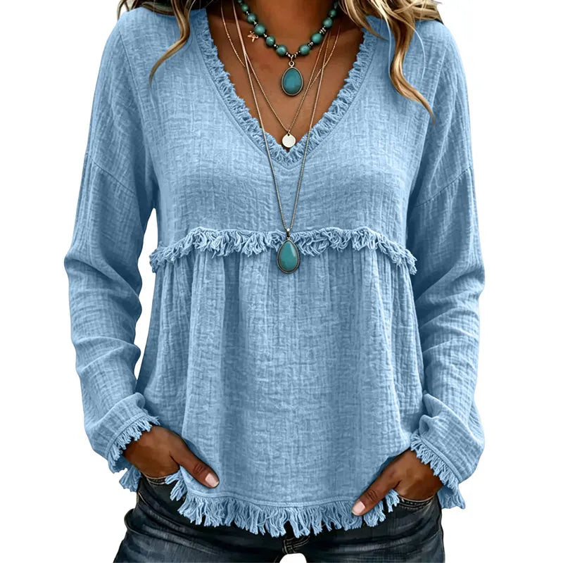 Ariselle - V-Ausschnitt-Bluse mit Fransenbesatz