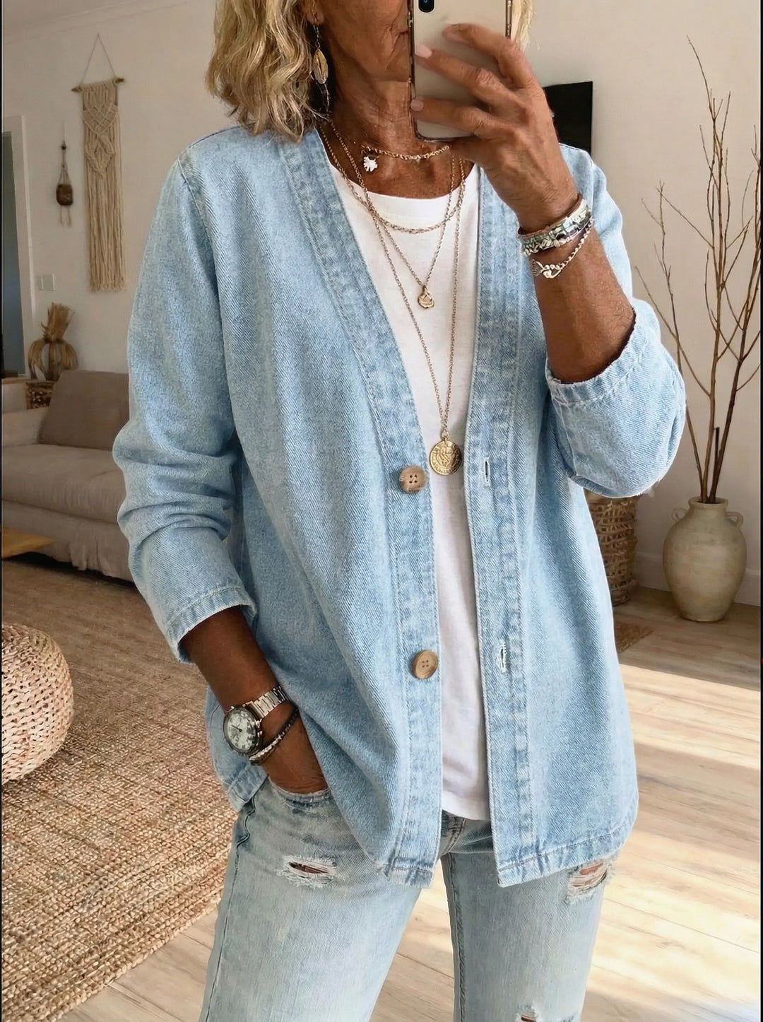 Shiloh - Leichte Denim-Button-Strickjacke