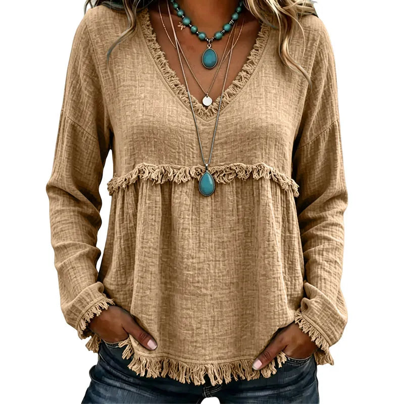 Ariselle - V-Ausschnitt-Bluse mit Fransenbesatz