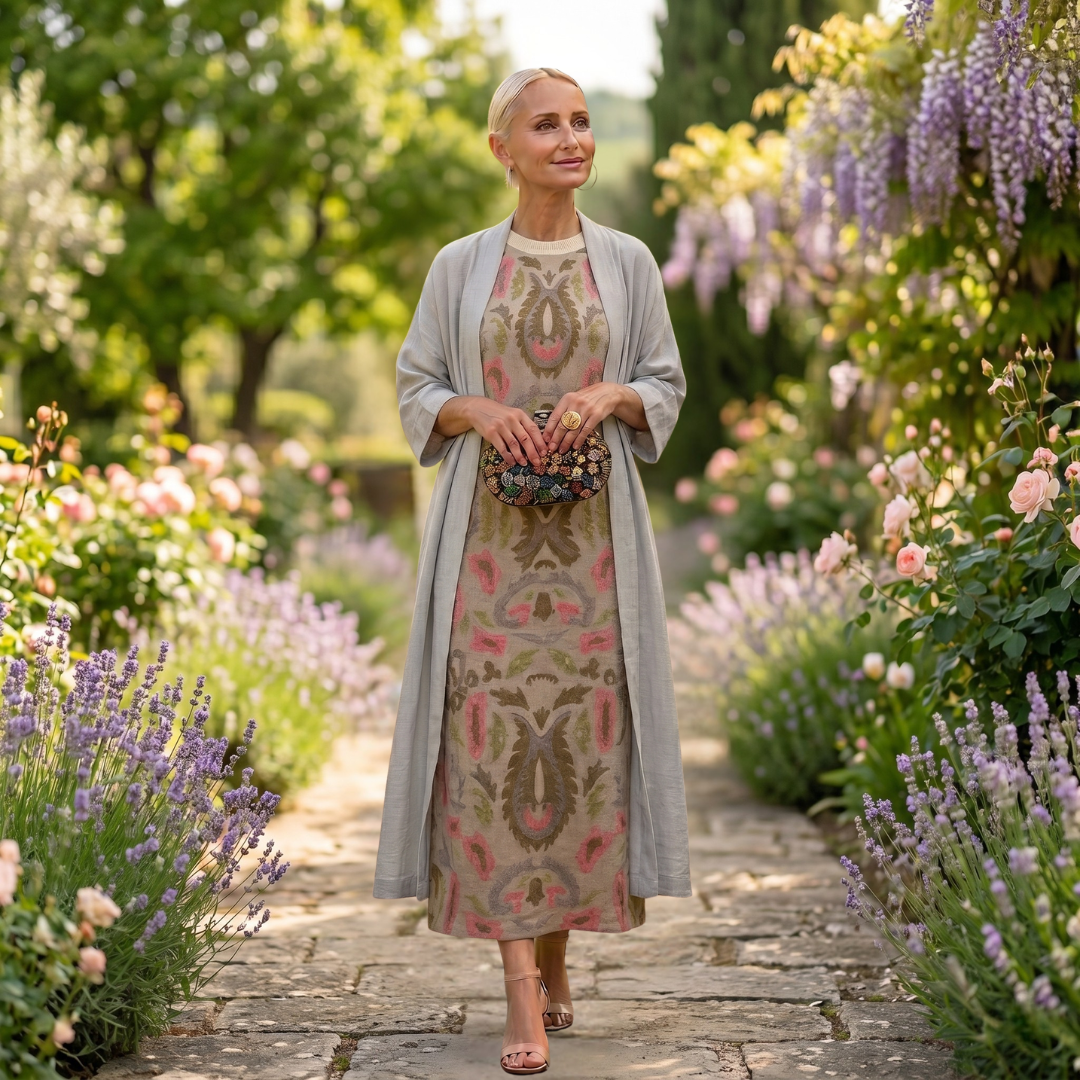 Lilith - Set aus bedrucktem Midikleid und langem Cardigan