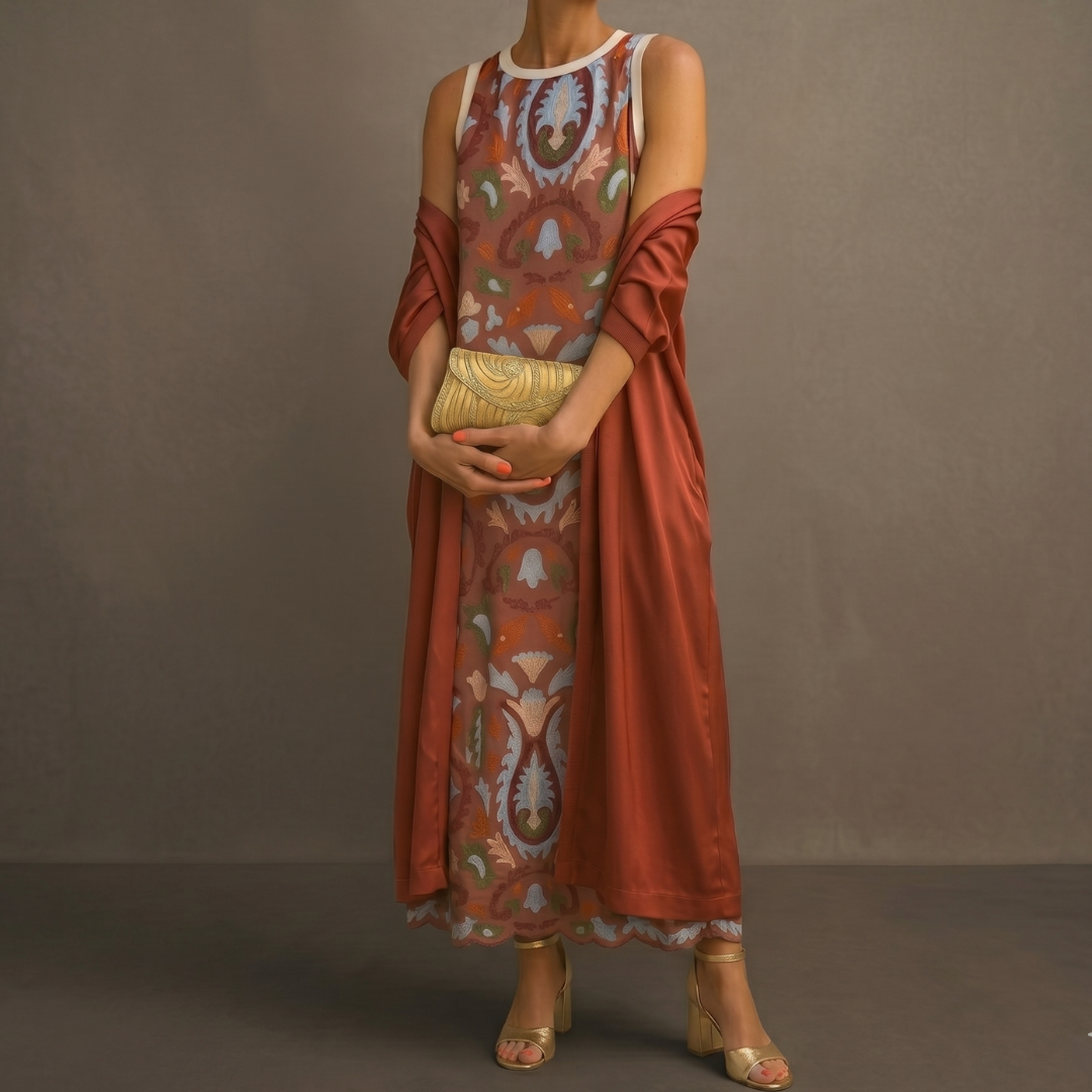Lilith - Set aus bedrucktem Midikleid und langem Cardigan