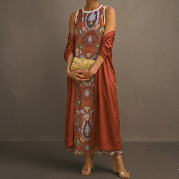 Lilith - Set aus bedrucktem Midikleid und langem Cardigan