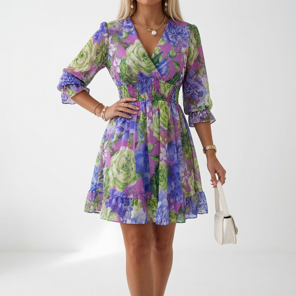 Maelona - Gesmoktes Minikleid mit floralem Print und Soft-Touch