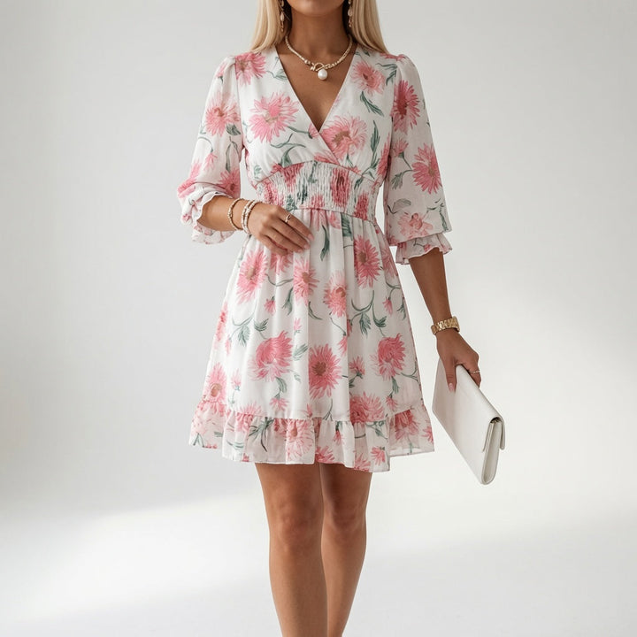 Maelona - Gesmoktes Minikleid mit floralem Print und Soft-Touch