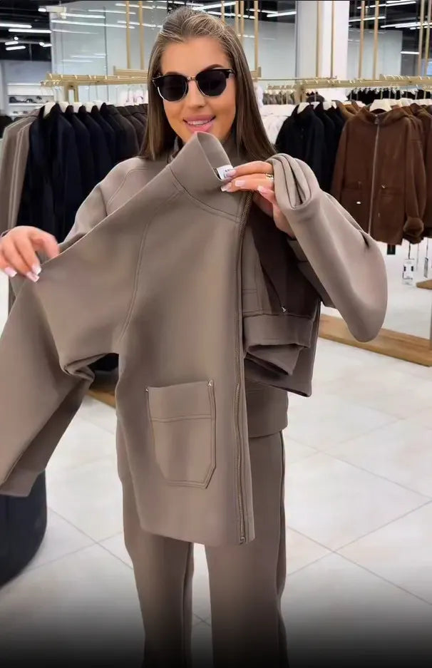 Floranique - Weiches Set aus verkürzter Jacke mit Reißverschluss und weit geschnittener Hose