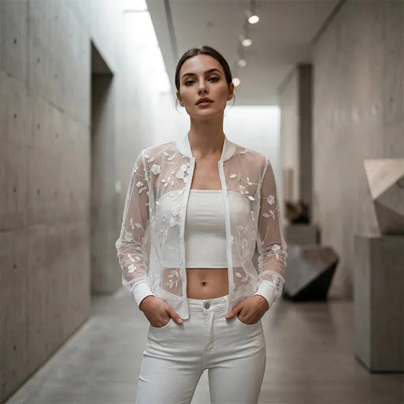Aderisse - Transparenter floraler Cardigan mit Reißverschluss