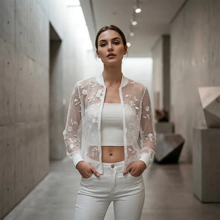 Aderisse - Transparenter floraler Cardigan mit Reißverschluss