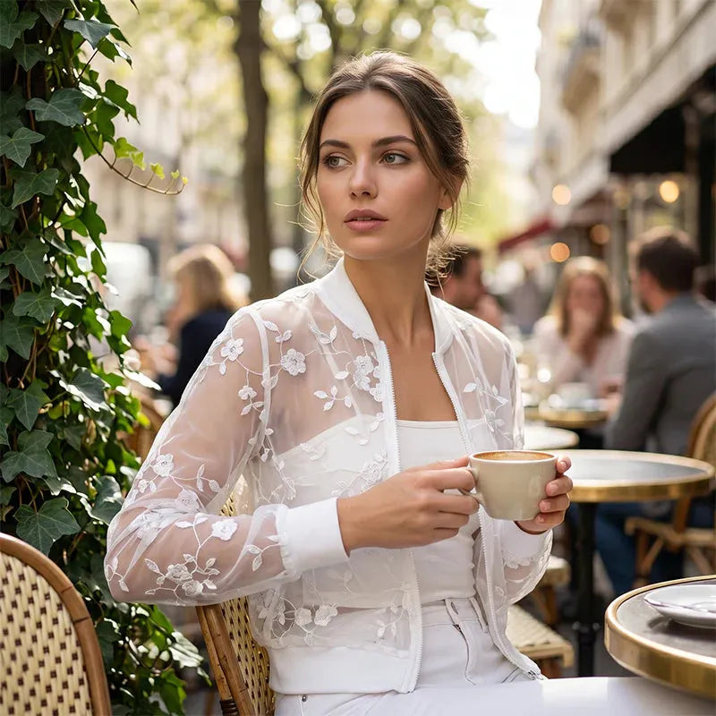 Aderisse - Transparenter floraler Cardigan mit Reißverschluss