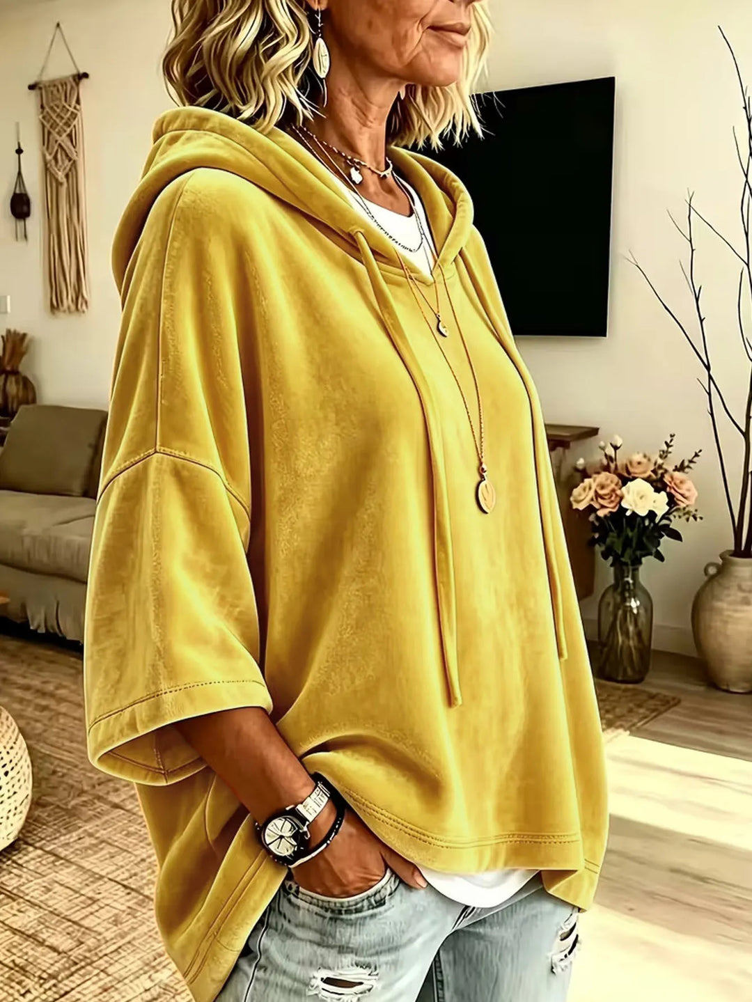 Fayelisse - Locker geschnittener Samt-Lounge-Hoodie