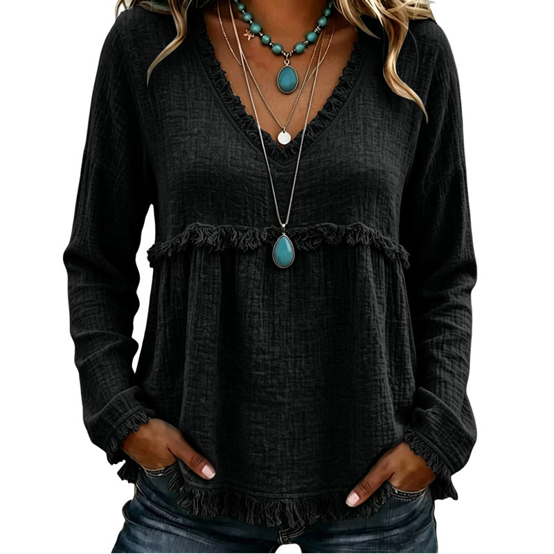 Ariselle - V-Ausschnitt-Bluse mit Fransenbesatz