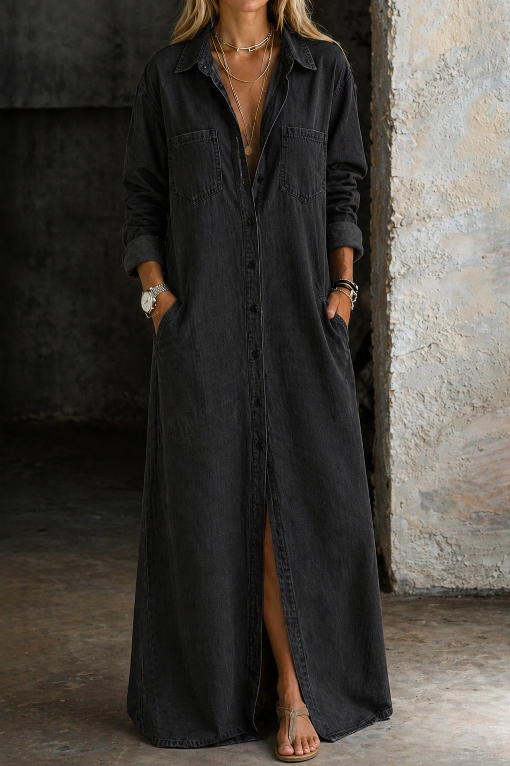 Brialisse - Fließendes Maxi-Hemdblusenkleid