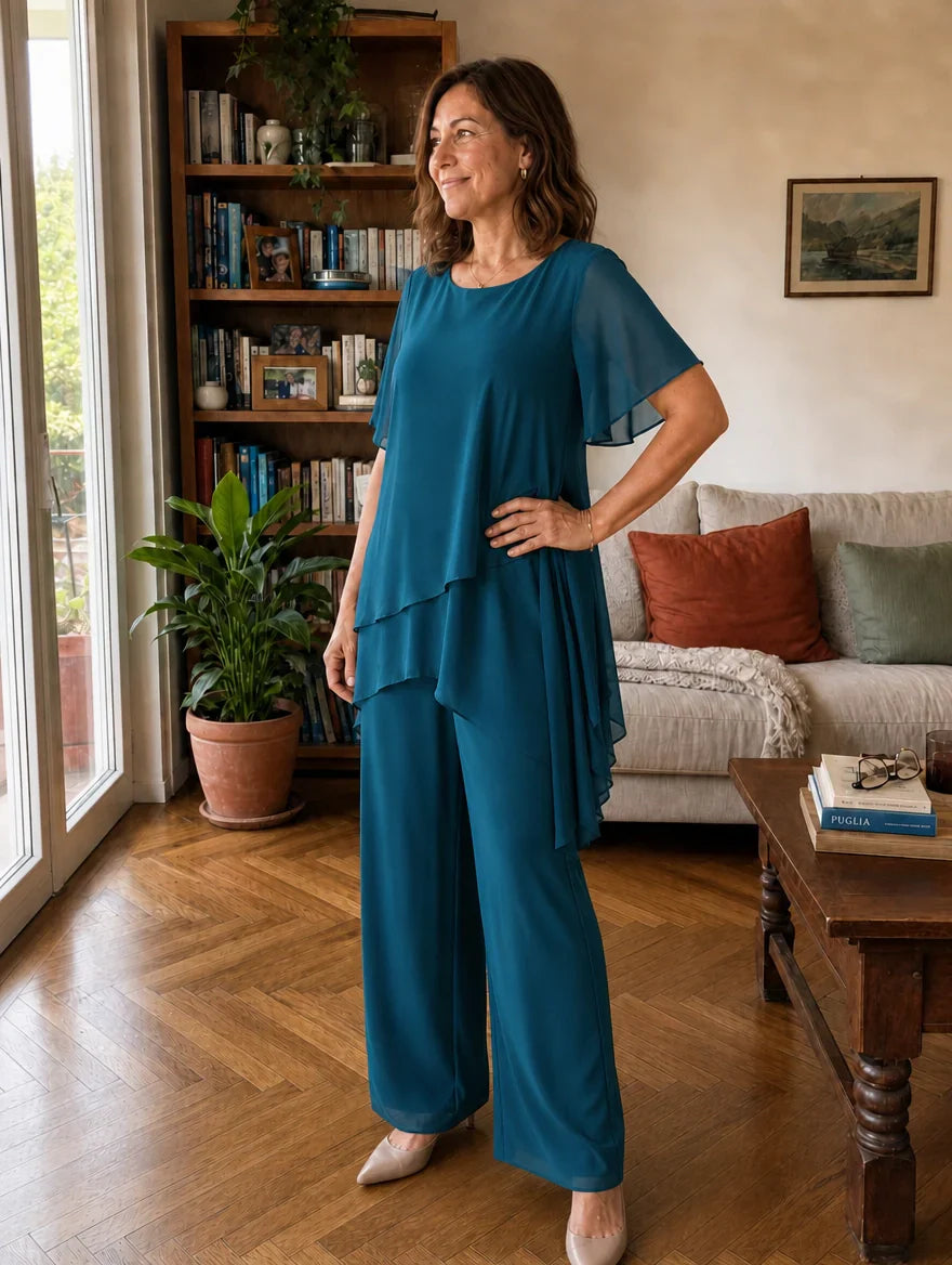 Dahlia - Set aus mehrlagiger Chiffonbluse und weiter Hose