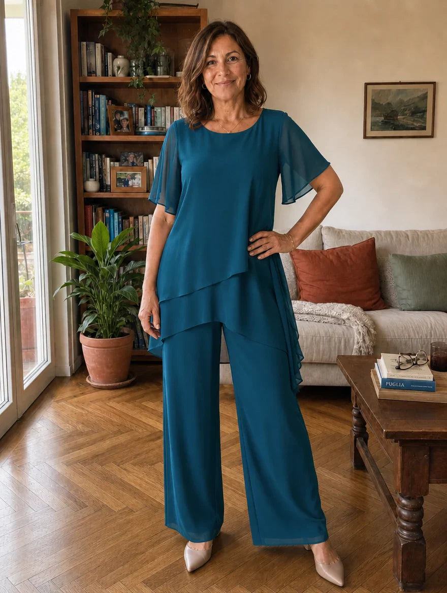 Dahlia - Set aus mehrlagiger Chiffonbluse und weiter Hose